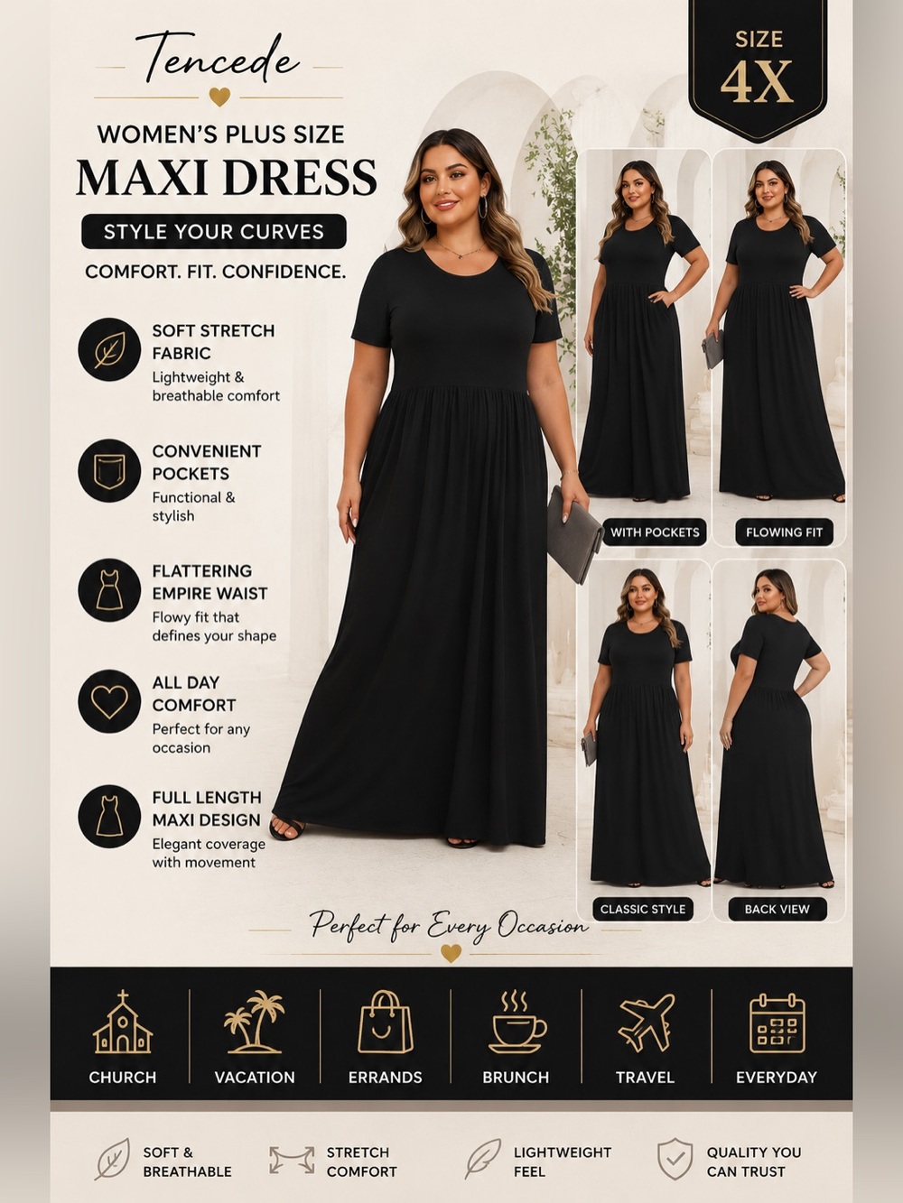 Plus Size Black Maxi Dress with Empire Waist Side Pockets